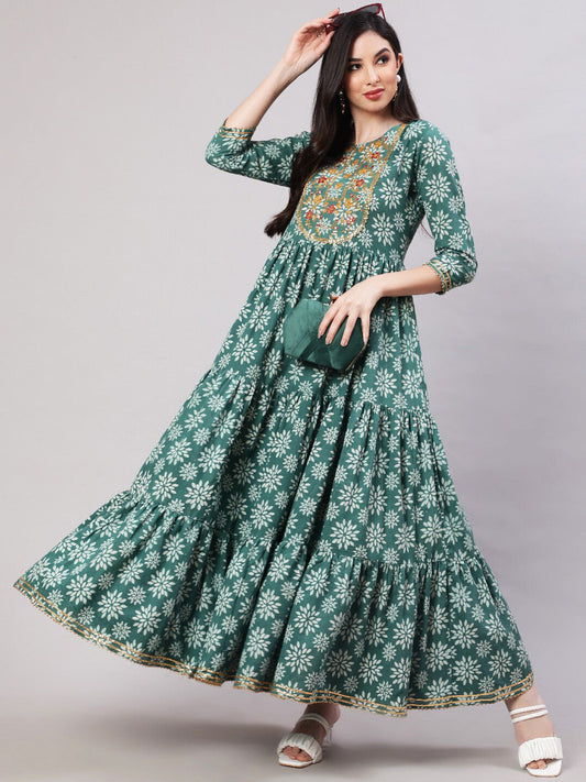 Ethnic Motifs Printed Embroidered Tiered Fit & Flare Ethnic Dress