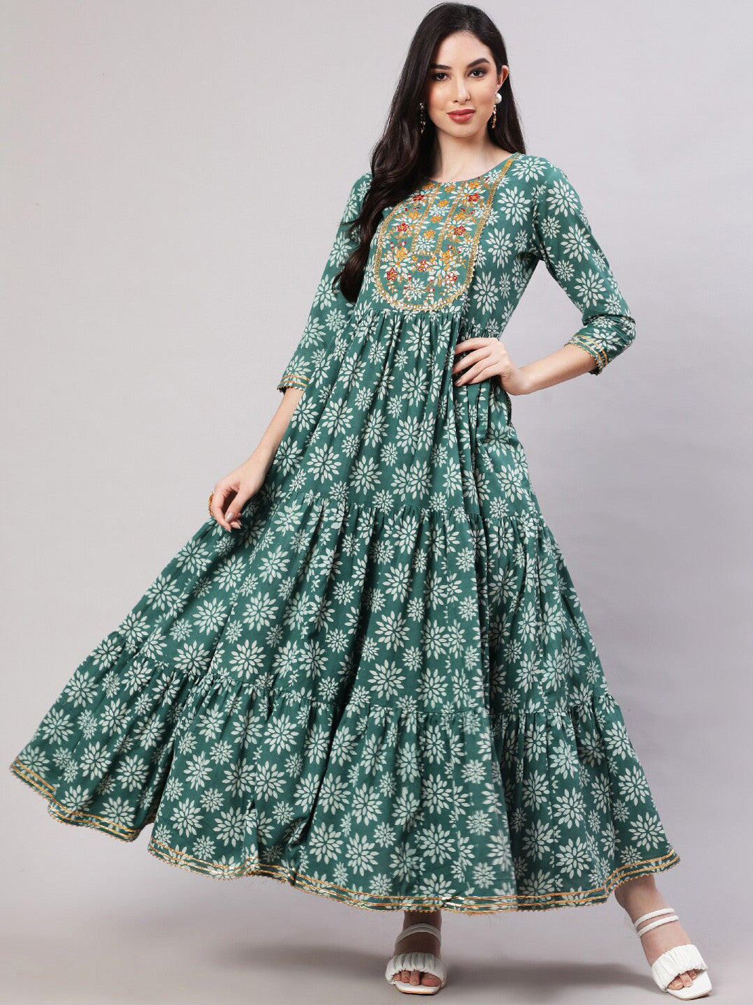 Ethnic Motifs Printed Embroidered Tiered Fit & Flare Ethnic Dress