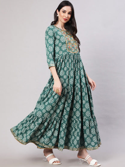 Ethnic Motifs Printed Embroidered Tiered Fit & Flare Ethnic Dress