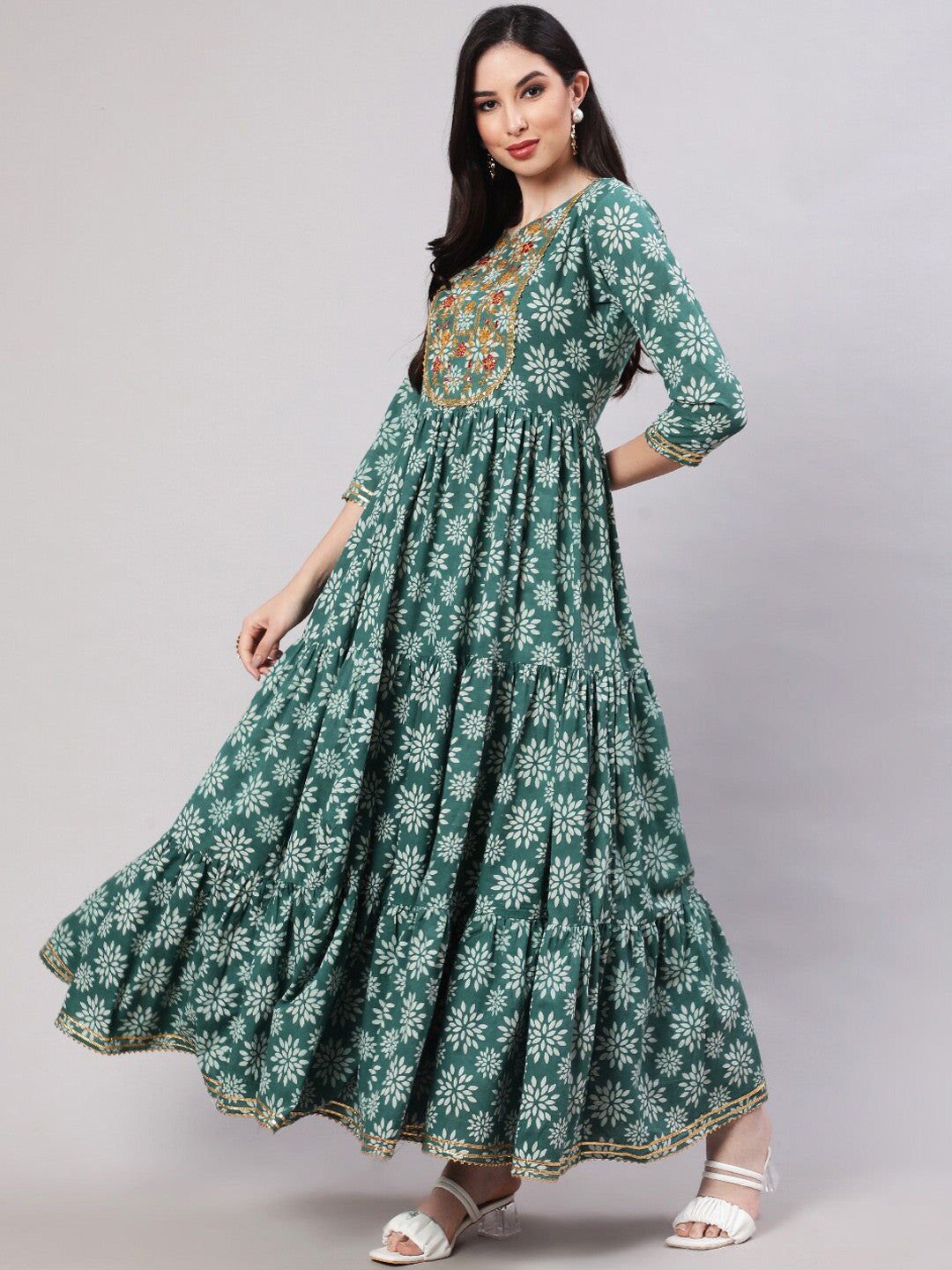 Ethnic Motifs Printed Embroidered Tiered Fit & Flare Ethnic Dress