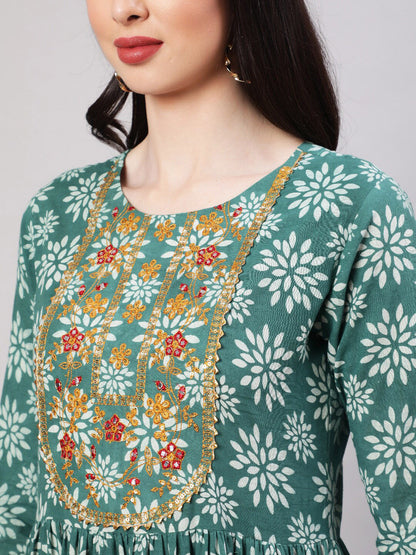 Ethnic Motifs Printed Embroidered Tiered Fit & Flare Ethnic Dress