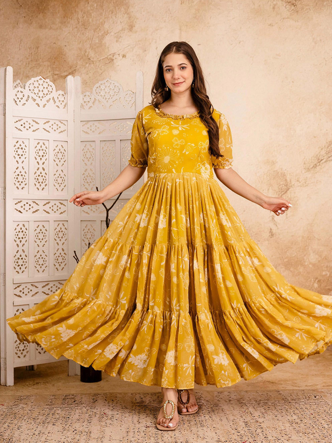 Ethnic Motifs Printed Puff Sleeve Ruffled Maxi Dress