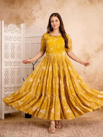 Ethnic Motifs Printed Puff Sleeve Ruffled Maxi Dress