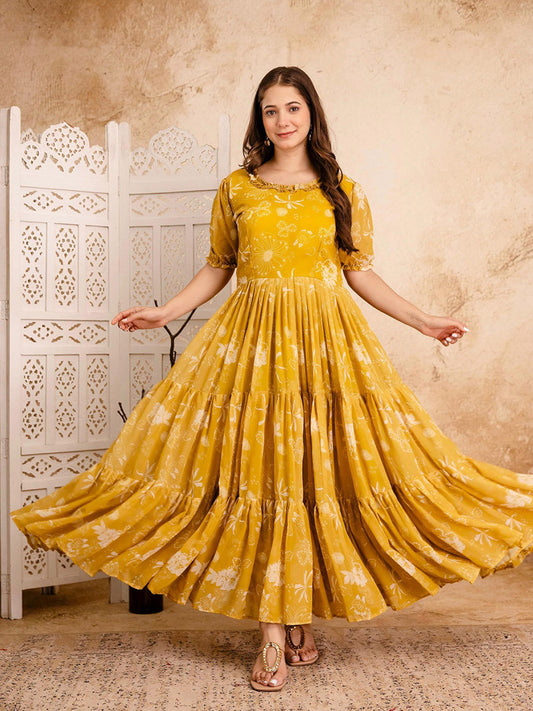 Ethnic Motifs Printed Puff Sleeve Ruffled Maxi Dress