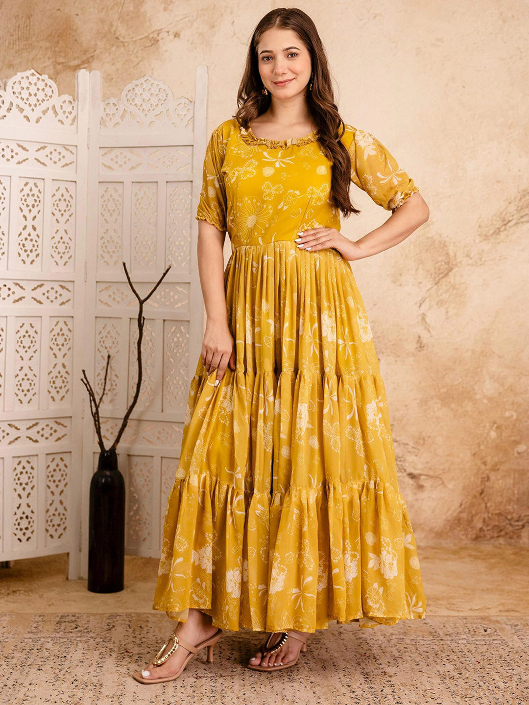 Ethnic Motifs Printed Puff Sleeve Ruffled Maxi Dress