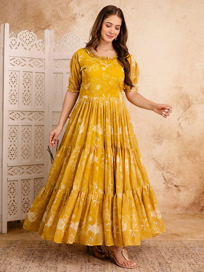 Ethnic Motifs Printed Puff Sleeve Ruffled Maxi Dress