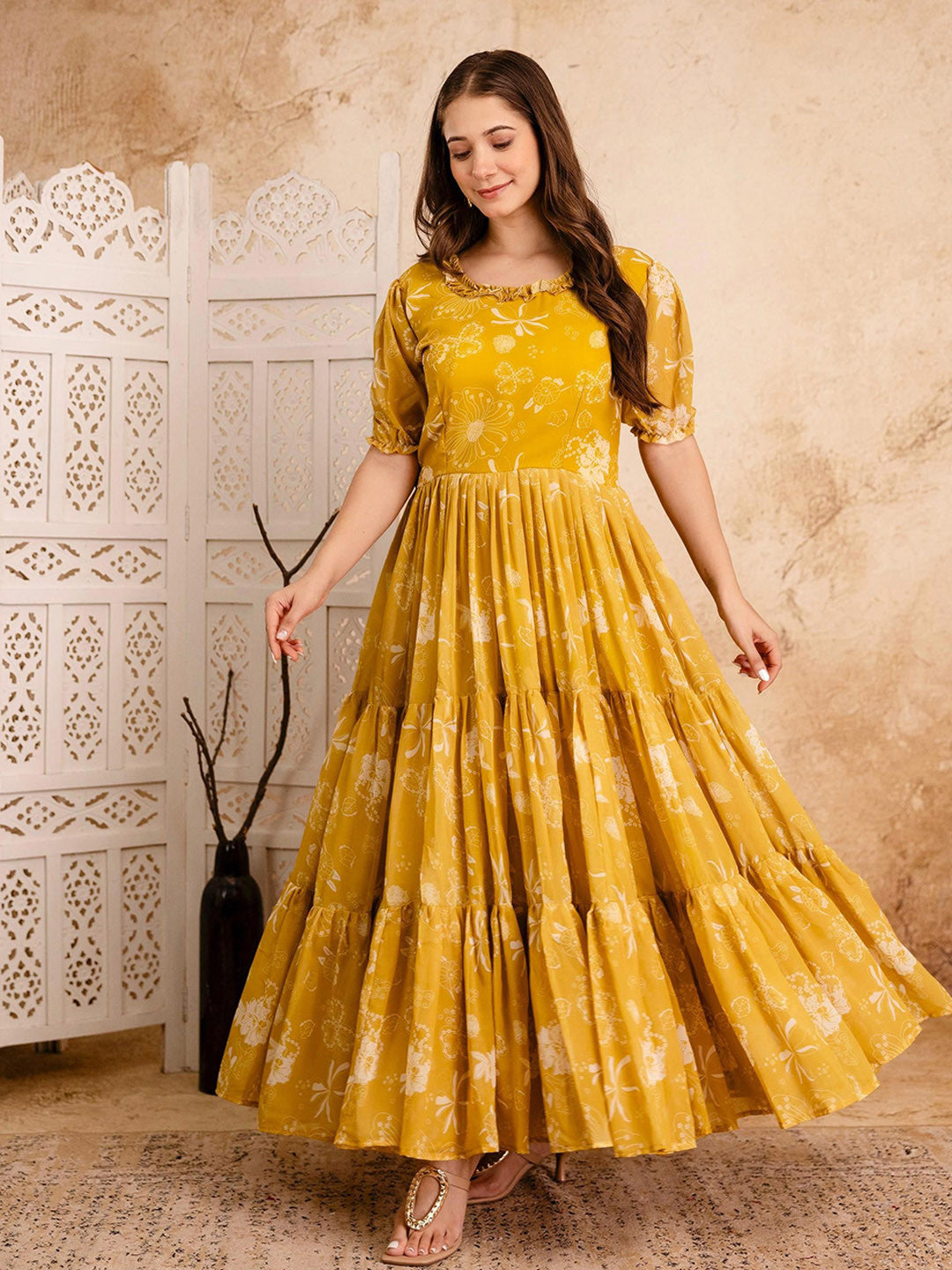 Ethnic Motifs Printed Puff Sleeve Ruffled Maxi Dress