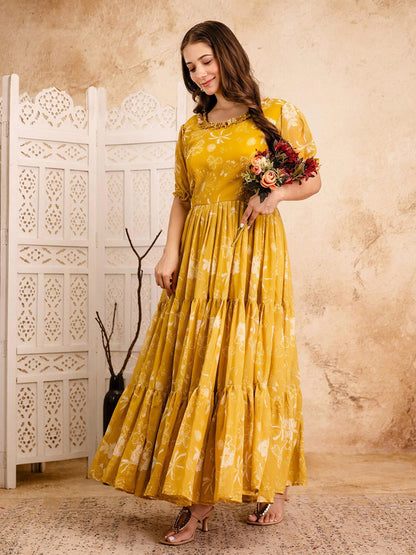 Ethnic Motifs Printed Puff Sleeve Ruffled Maxi Dress