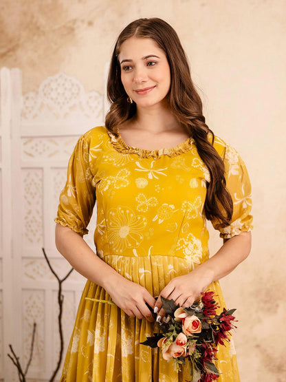 Ethnic Motifs Printed Puff Sleeve Ruffled Maxi Dress