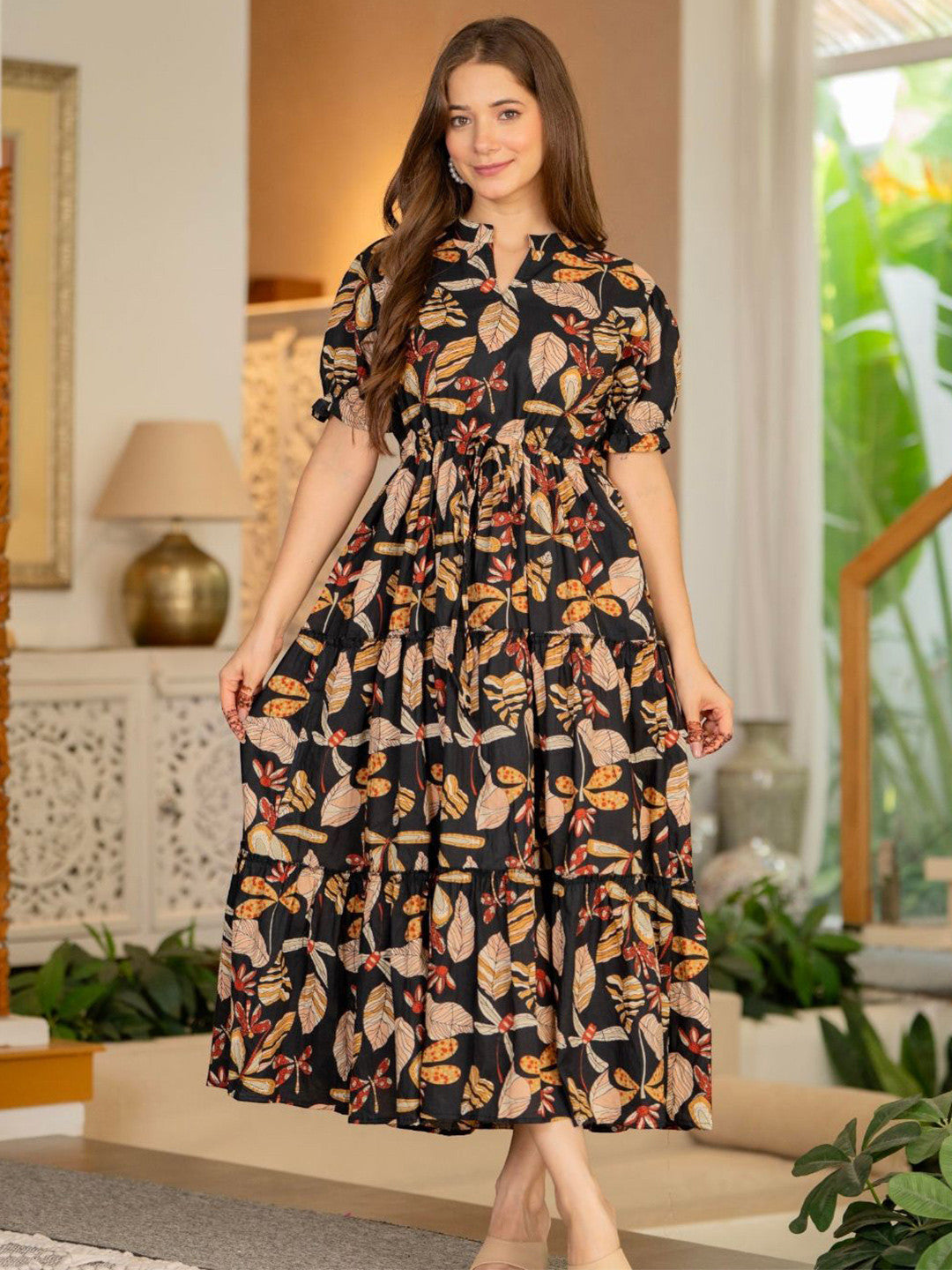 Floral Print Puff Sleeve Fit & Flare Maxi Dress