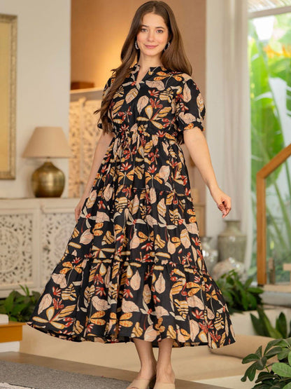 Floral Print Puff Sleeve Fit & Flare Maxi Dress