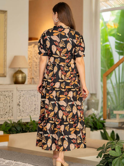 Floral Print Puff Sleeve Fit & Flare Maxi Dress