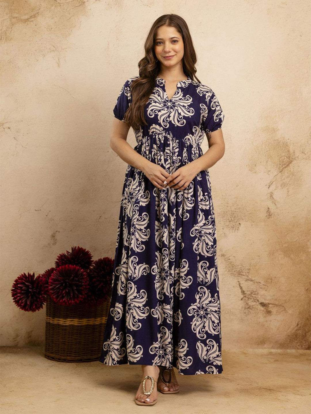 Floral Printed Mandarin Collar Maxi Ethnic Dress