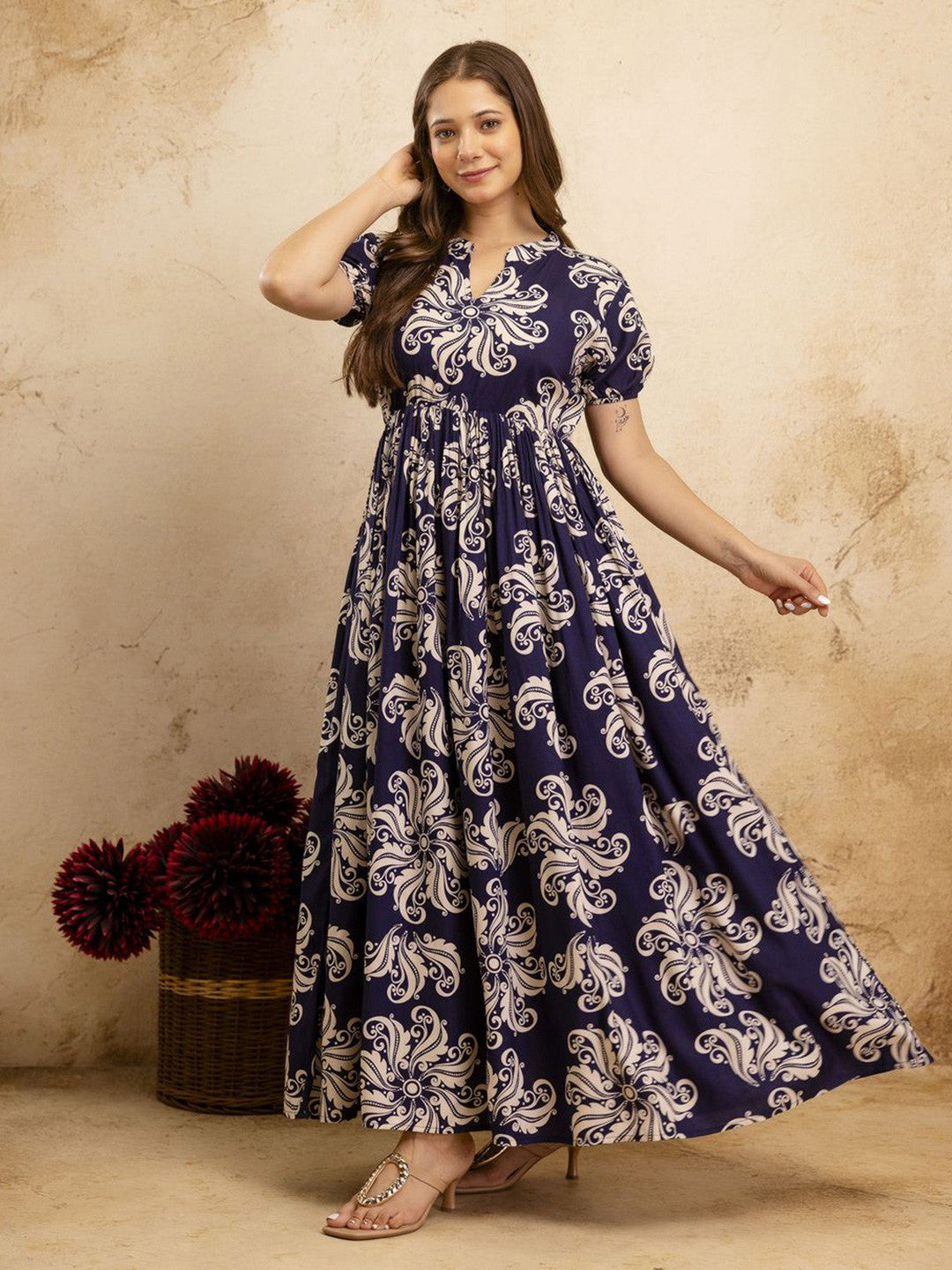 Floral Printed Mandarin Collar Maxi Ethnic Dress