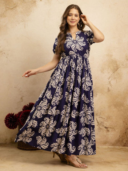 Floral Printed Mandarin Collar Maxi Ethnic Dress