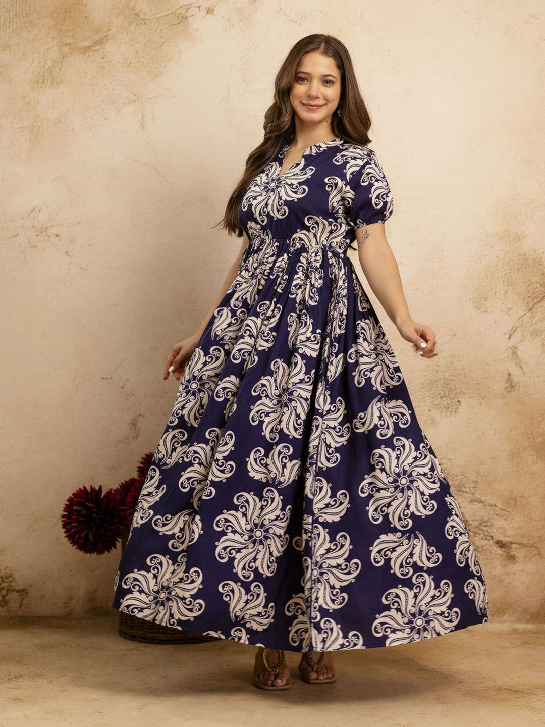 Floral Printed Mandarin Collar Maxi Ethnic Dress