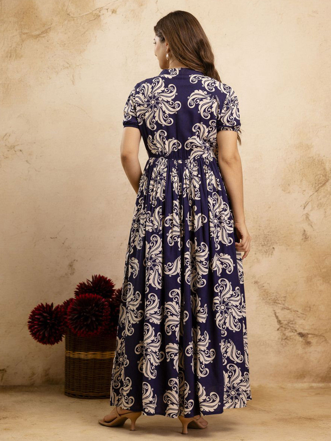 Floral Printed Mandarin Collar Maxi Ethnic Dress