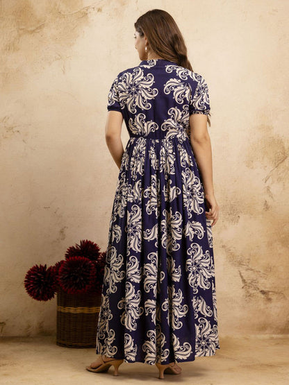 Floral Printed Mandarin Collar Maxi Ethnic Dress