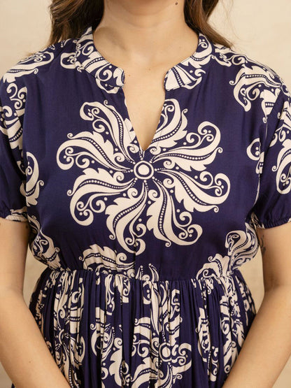 Floral Printed Mandarin Collar Maxi Ethnic Dress