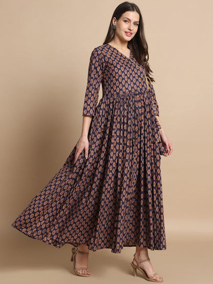 Floral Printed V-Neck Pure Cotton Fit & Flare Kurta