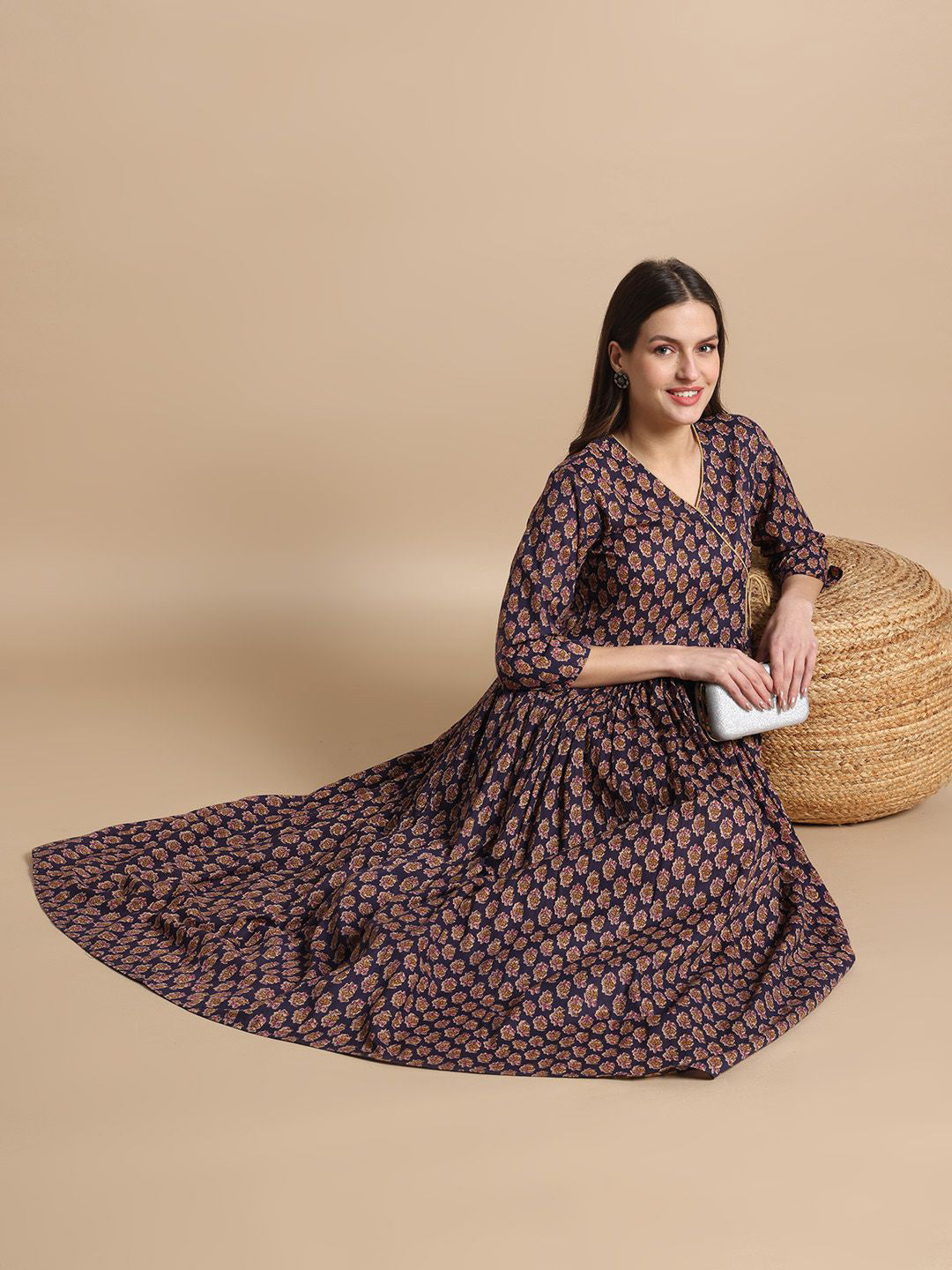 Floral Printed V-Neck Pure Cotton Fit & Flare Kurta