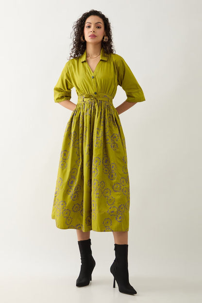 Green Cotton Satin V-neck Leaf Midi Dress With Belt