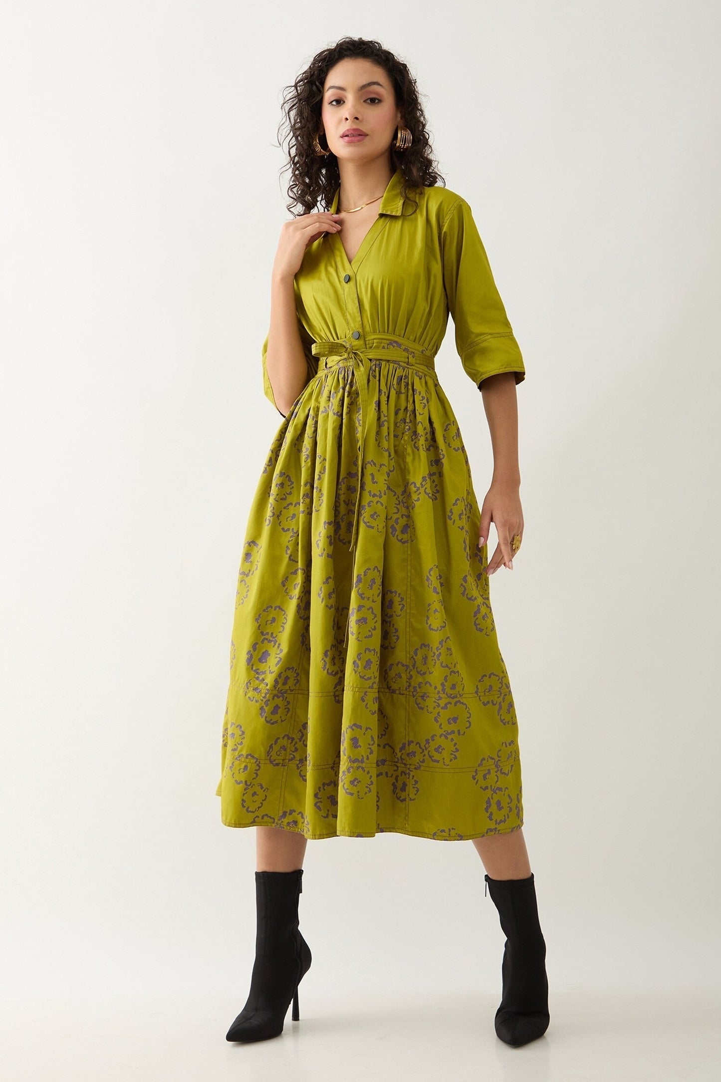 Green Cotton Satin V-neck Leaf Midi Dress With Belt