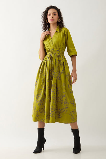 Green Cotton Satin V-neck Leaf Midi Dress With Belt