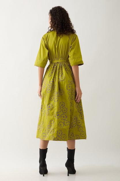 Green Cotton Satin V-neck Leaf Midi Dress With Belt