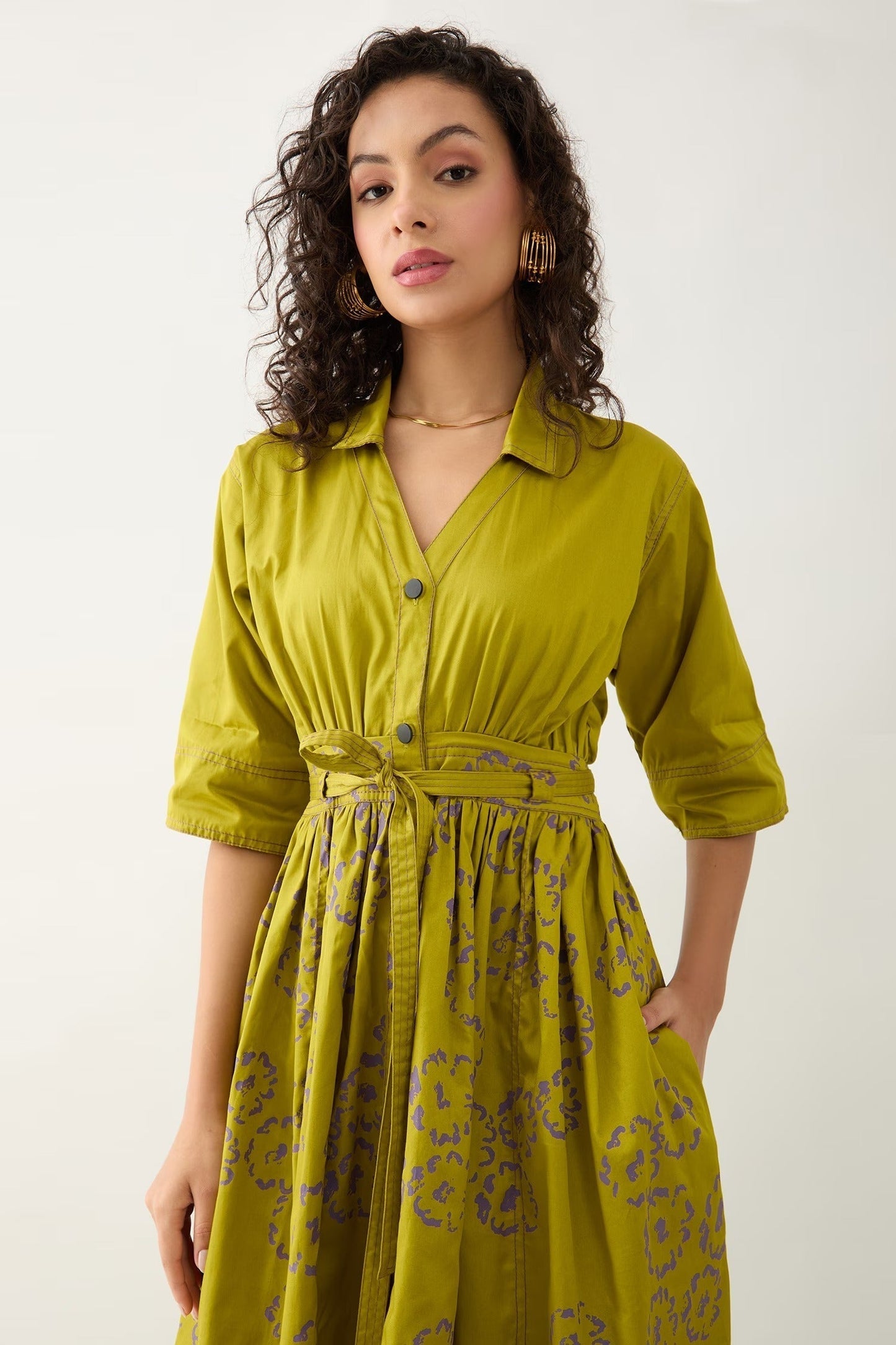 Green Cotton Satin V-neck Leaf Midi Dress With Belt