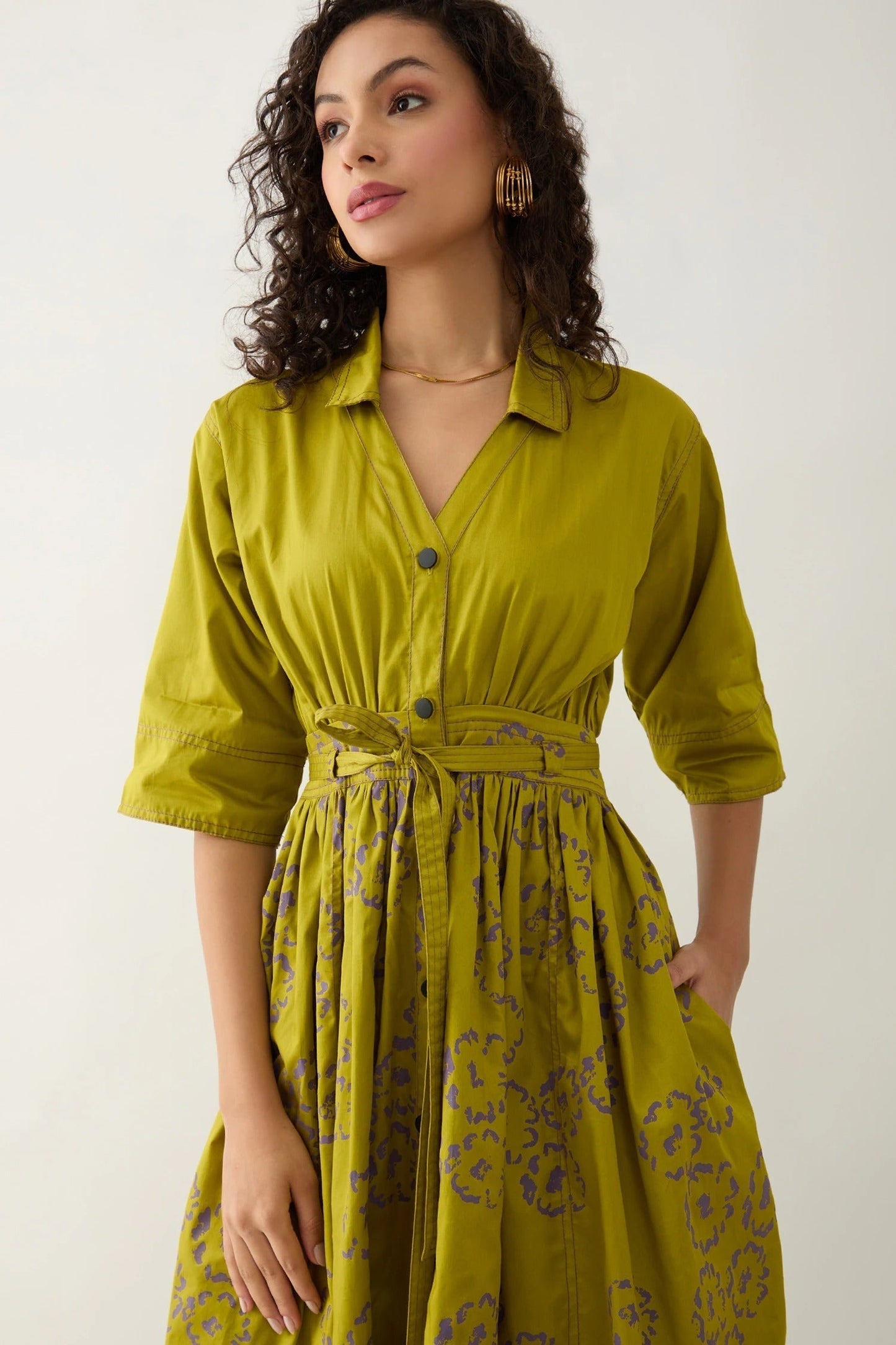 Green Cotton Satin V-neck Leaf Midi Dress With Belt