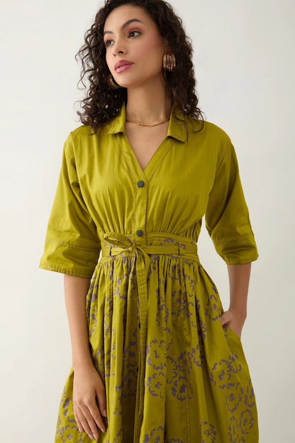 Green Cotton Satin V-neck Leaf Midi Dress With Belt