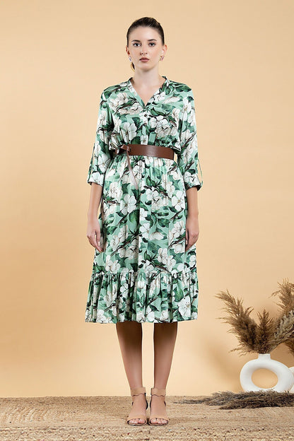 Green Modal, Satin V-neck Wild Apple Print Dress