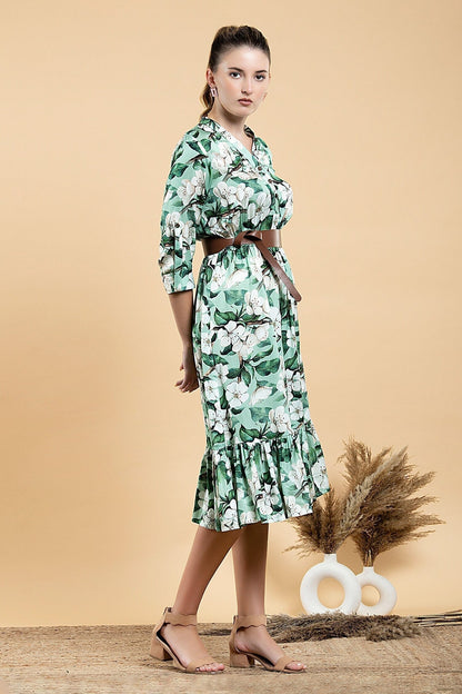 Green Modal, Satin V-neck Wild Apple Print Dress