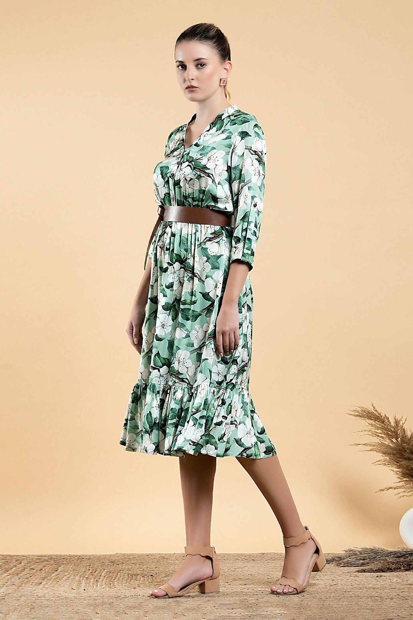 Green Modal, Satin V-neck Wild Apple Print Dress
