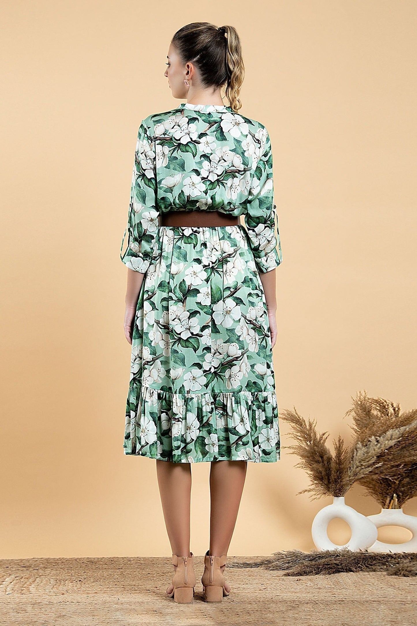 Green Modal, Satin V-neck Wild Apple Print Dress
