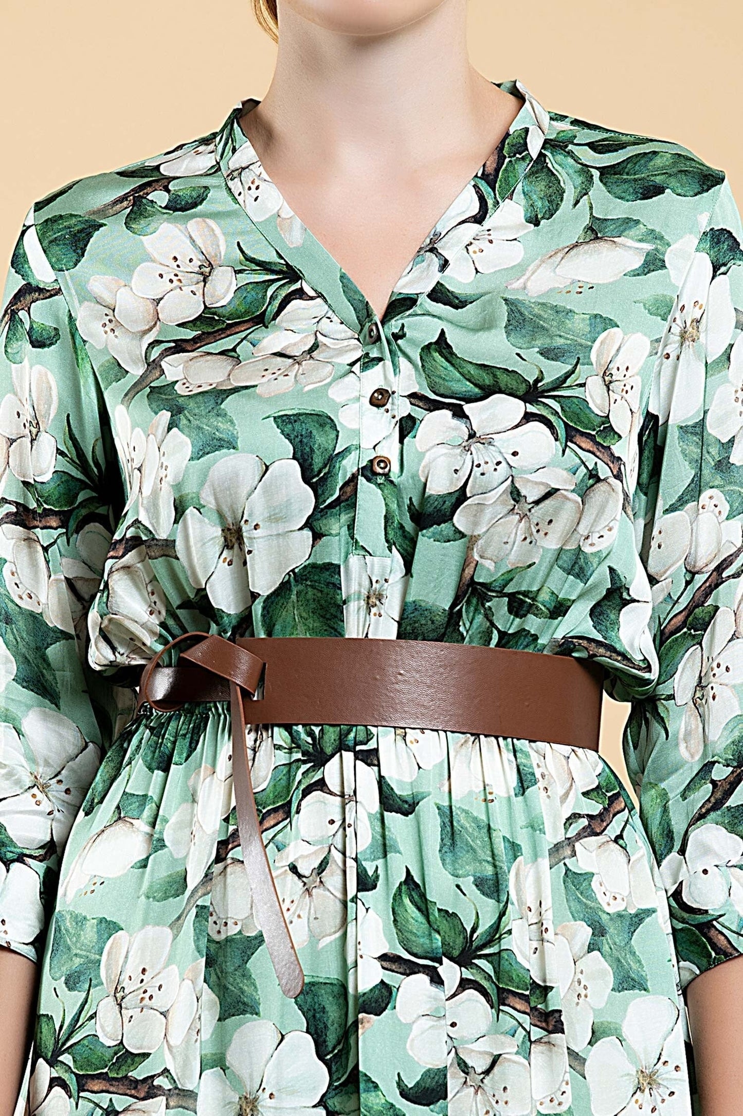 Green Modal, Satin V-neck Wild Apple Print Dress