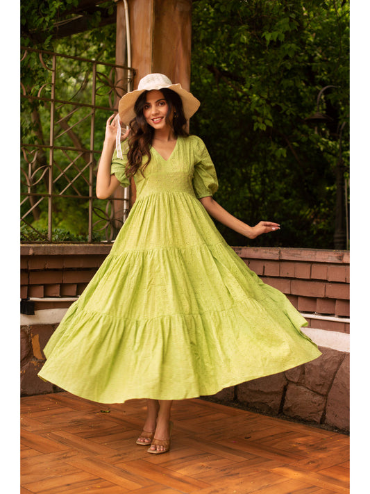 Green Schiffli Tier Maxi Dress