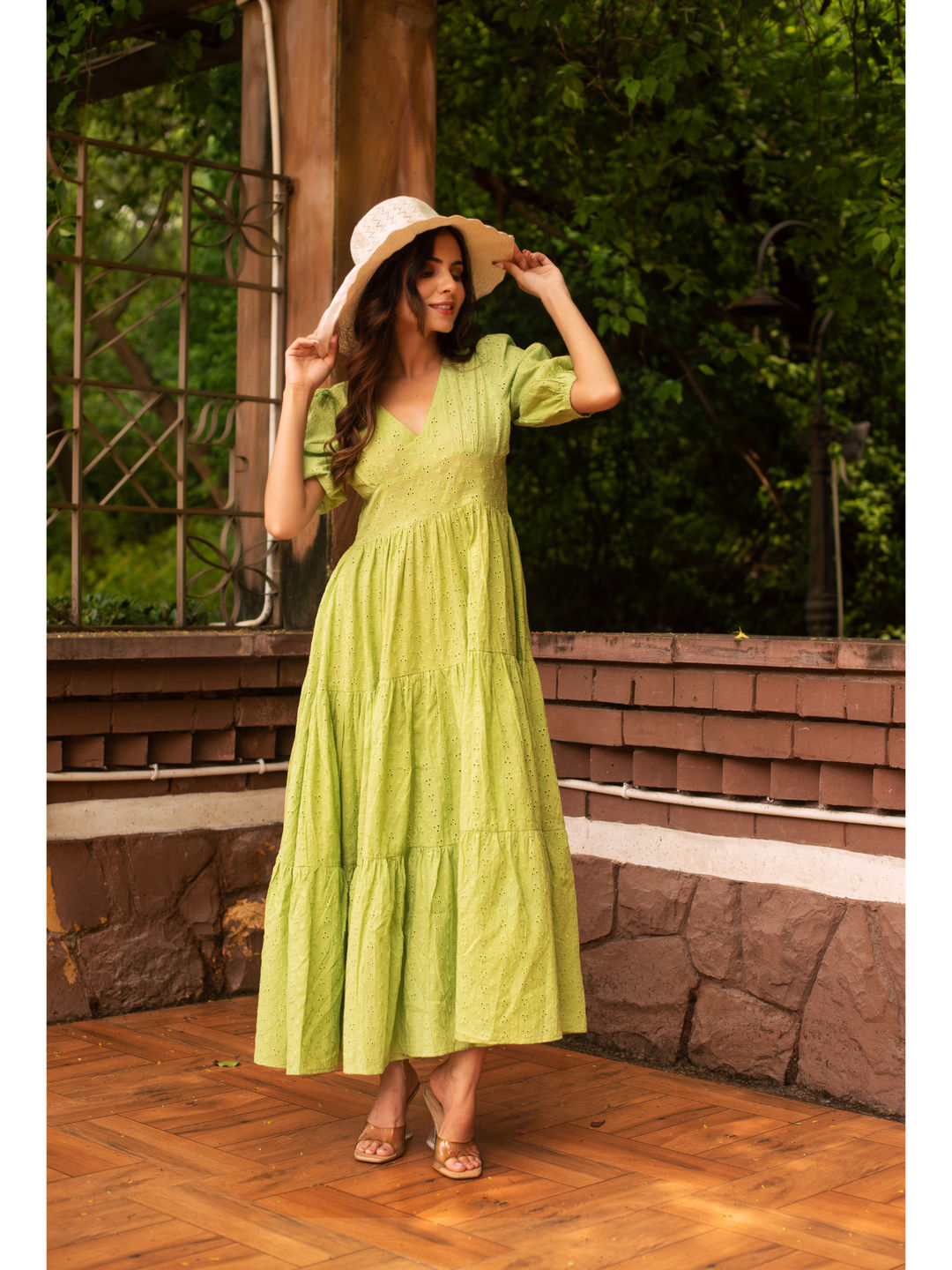 Green Schiffli Tier Maxi Dress