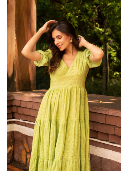 Green Schiffli Tier Maxi Dress