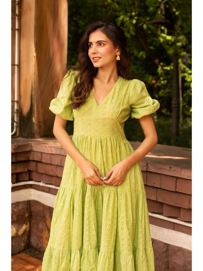 Green Schiffli Tier Maxi Dress