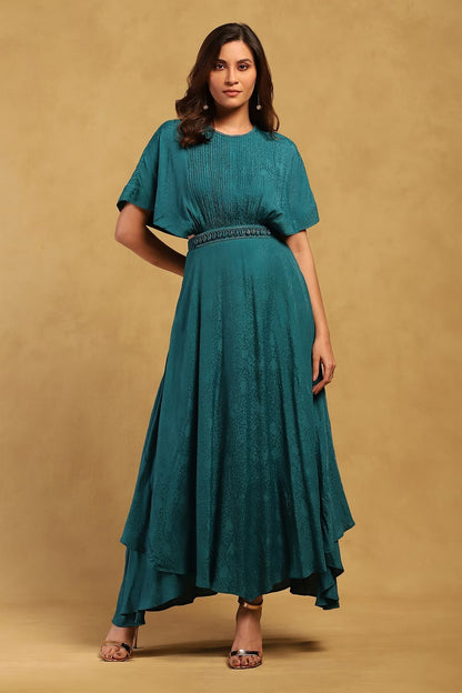 Green Viscose, Lycra, Satin Embroidery Shell Embellished Dress With Bustier