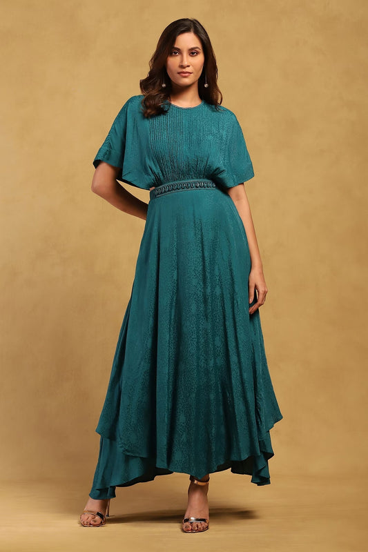 Green Viscose, Lycra, Satin Embroidery Shell Embellished Dress With Bustier