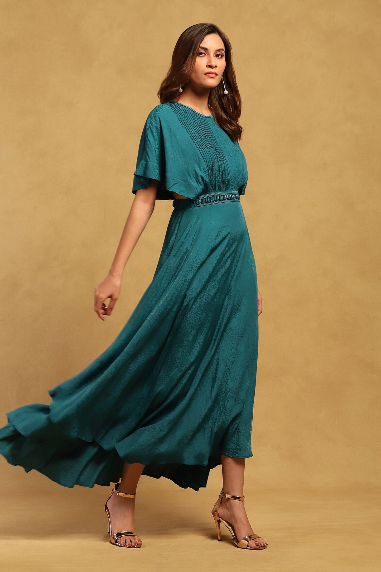 Green Viscose, Lycra, Satin Embroidery Shell Embellished Dress With Bustier