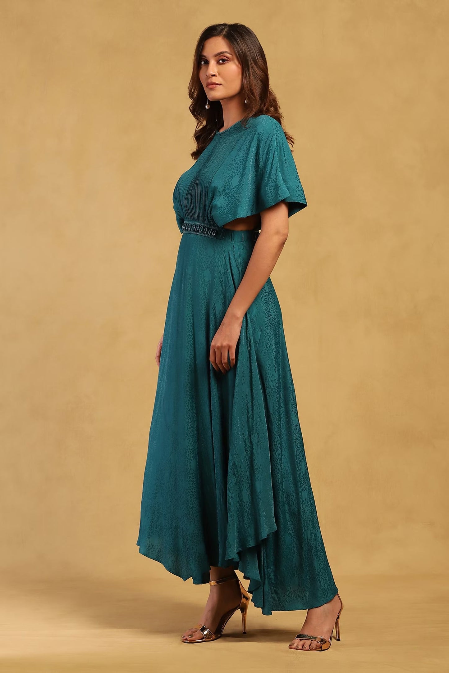 Green Viscose, Lycra, Satin Embroidery Shell Embellished Dress With Bustier