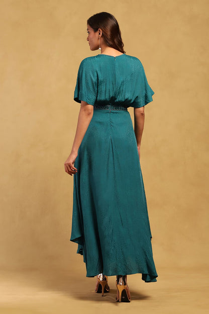 Green Viscose, Lycra, Satin Embroidery Shell Embellished Dress With Bustier