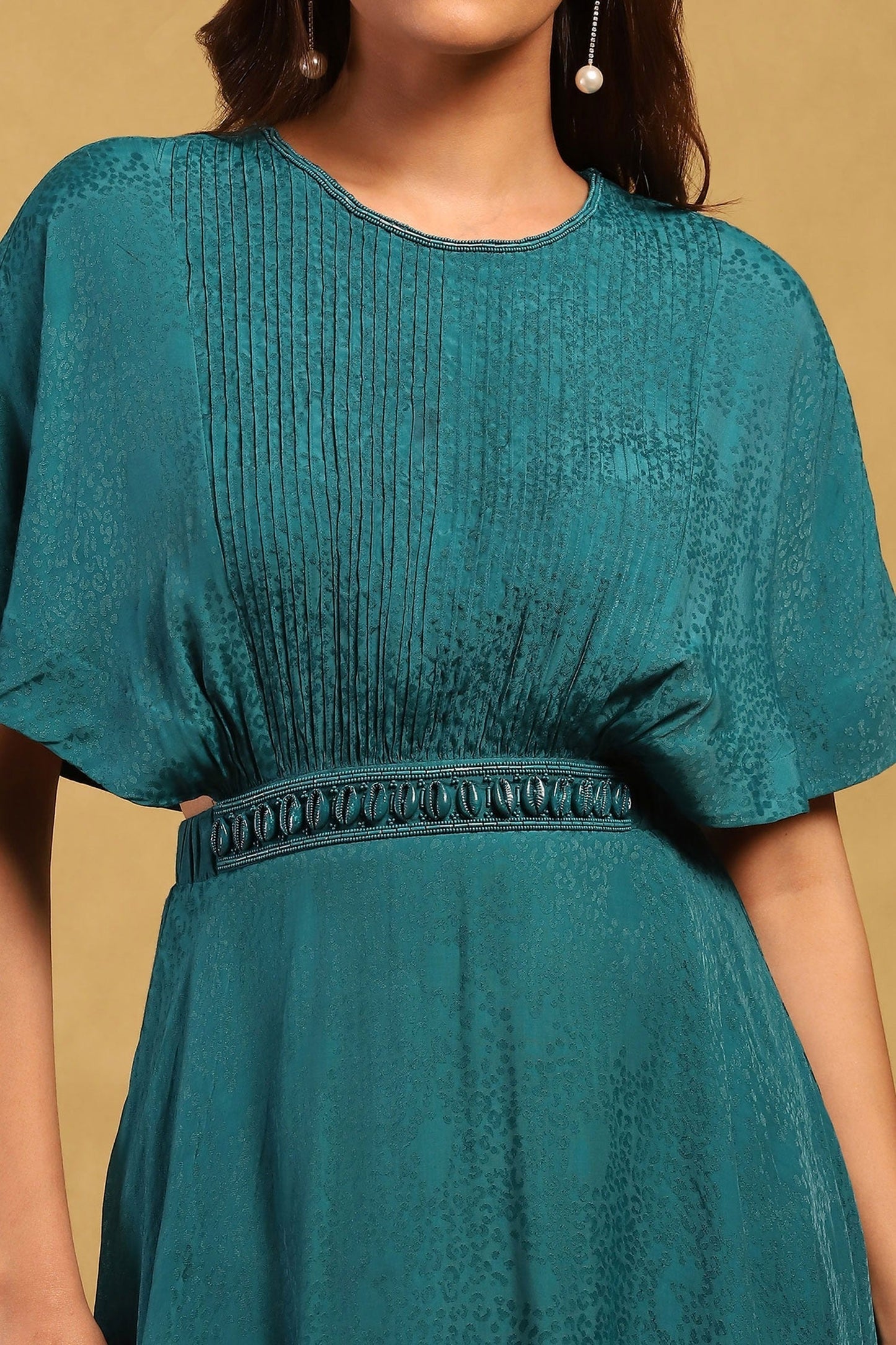 Green Viscose, Lycra, Satin Embroidery Shell Embellished Dress With Bustier