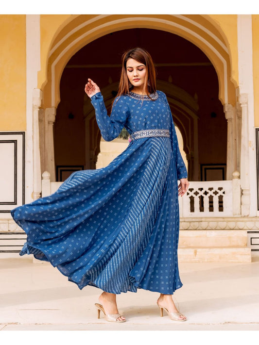 Indigo Bandhej Printed And Embroidered Dress With Belt (Set of 2)