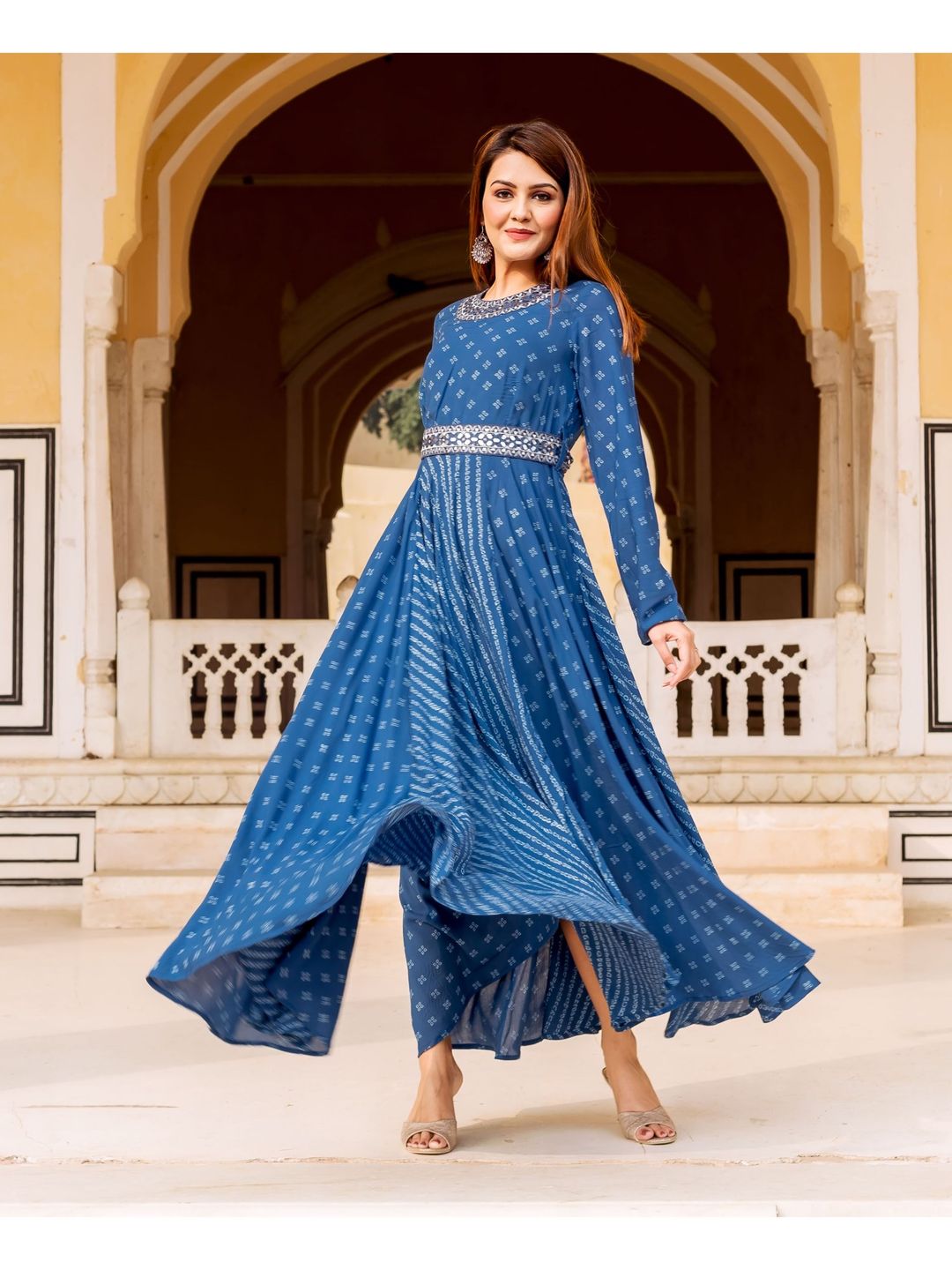 Indigo Bandhej Printed And Embroidered Dress With Belt (Set of 2)