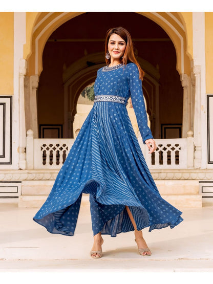 Indigo Bandhej Printed And Embroidered Dress With Belt (Set of 2)